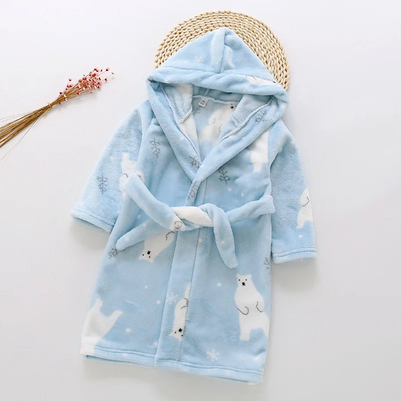 New Autumn Winter Kids Hooded Soft Flannel Bathrobe Baby Bath Robes Boys Girls Cute Cartoon Bear Pajamas Long Sleeve Towel Robe