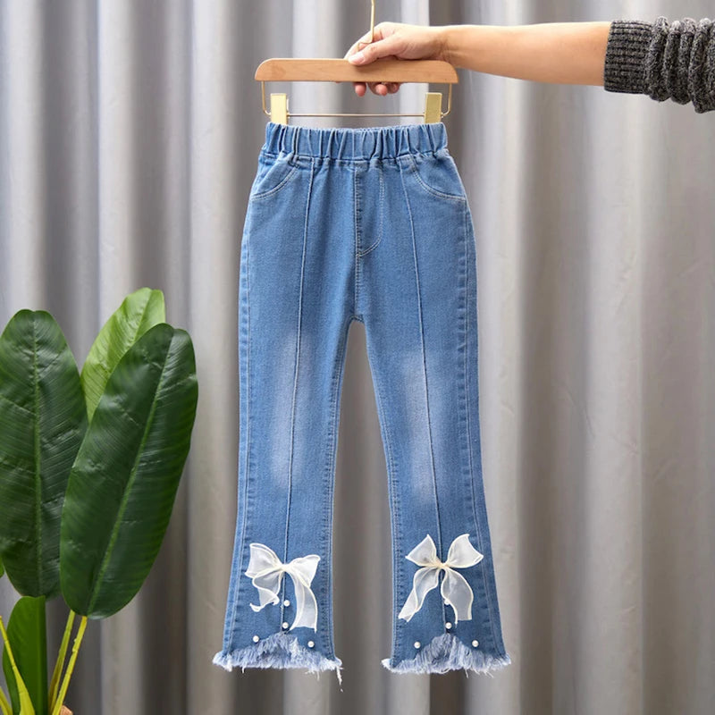 2024 New Autumn Elastic Kids Jeans Girls Cute Leisure Bow Denim Blue Children Flared Pants teenage Girl Clothes Trousers 3-12Y