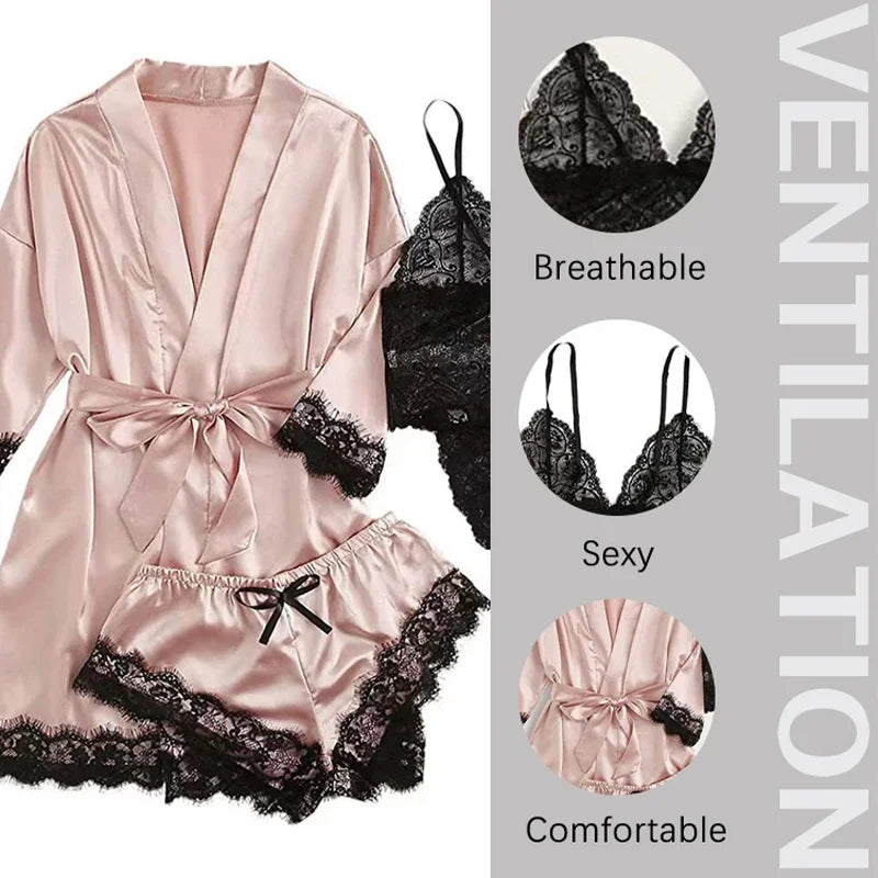 4 Pieces Woman Sleepwear Pajamas Ser With Robe Sexy Lace Lingerie Bathrobe Silk Satin Home Clothed Nightwear Robe