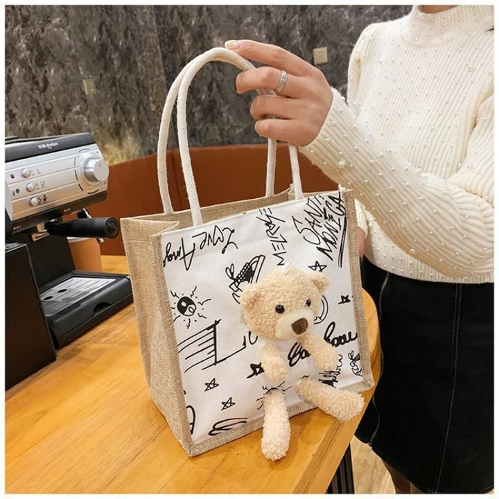 Girls Simple Cute Bear Handbag Ladies Fashion Commuter Canvas Bag Cubic Bear Decoration Canvas Material