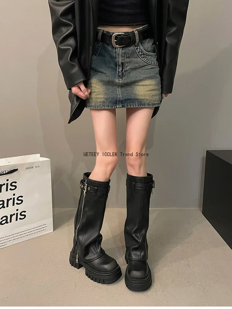 Winter Women Biker Boots Fashion Belt Buckle Ladies Elegant Platform Long Pipe Booties Casual Women's Knee High Booties