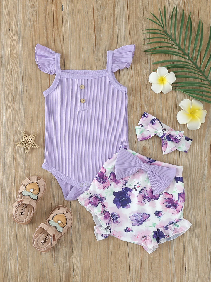 Summer Newborn Baby Girl Clothes Set  Sleeveless  Bodysuit  Printed Shorts  3pcs Clothing Suit Baby Girl Clothes For 0-1Years