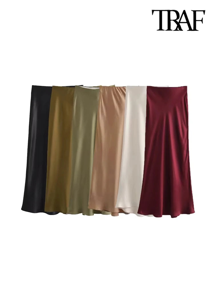 TRAF-Women's Flowing Satin Midi Skirt, High Waist With Elastic Waistband, Female Skirts, Chic Fashion