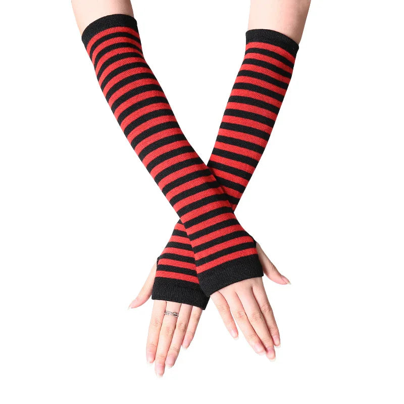 Y2K Fashion Women Girls Striped Elbow Gloves Warmer Knitted Long Fingerless Gloves