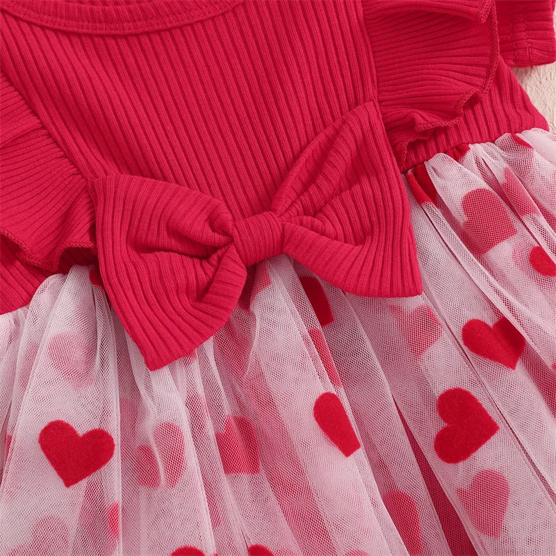 Cathery Kids Baby Girls Valentine's Day Rompers Dress Short Sleeve Heart Print Tulle Tutu Skirts Jumpsuit with Bow Headband 2025