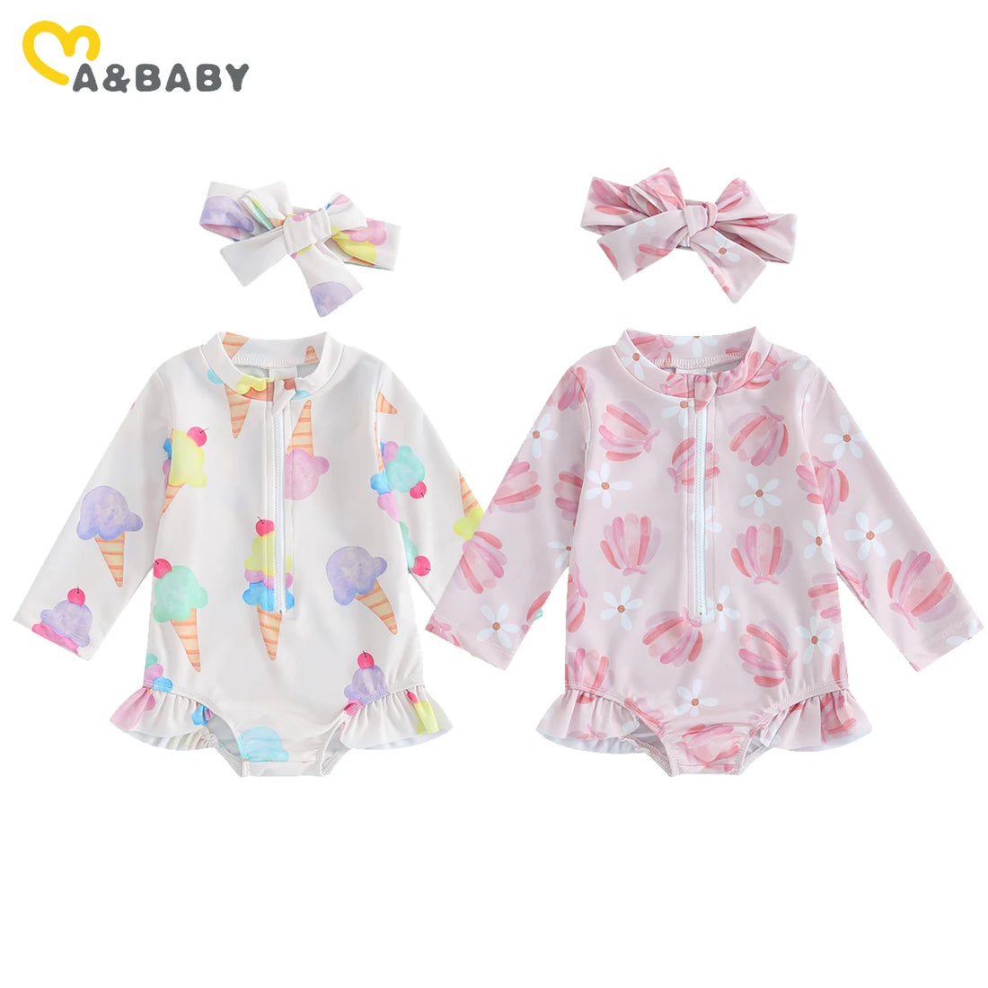 ma&baby 0-24M Newborn Infant Toddler Baby Girls Swimwear Shell Long Sleeve Swimsuit Ice Cream Print Zip Up Bathing Suit