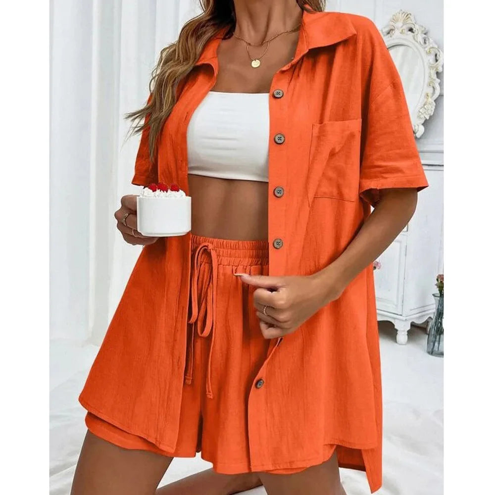 Long Sleeve Single breasted Top Broad legged Shorts Set Fashion Ladies Sexy Solid Suits 2023 Summer 2 Piece Outfits For Women