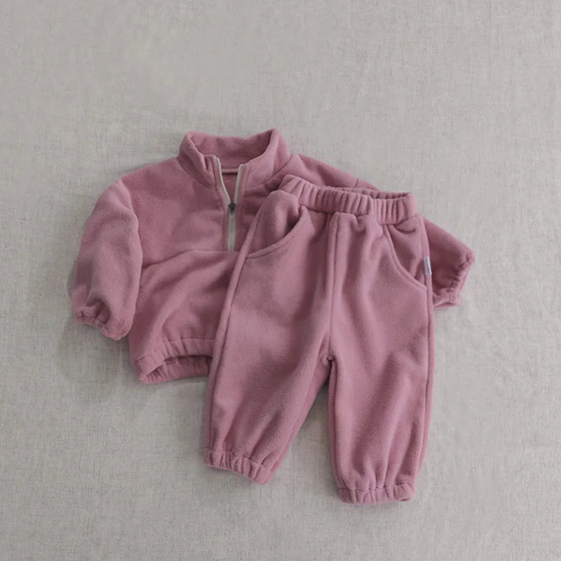 MILANCEL New Autumn Baby Sports Suit Toddler Fleece Solid Color Hoodies Suit Infant Outfit 2PCS