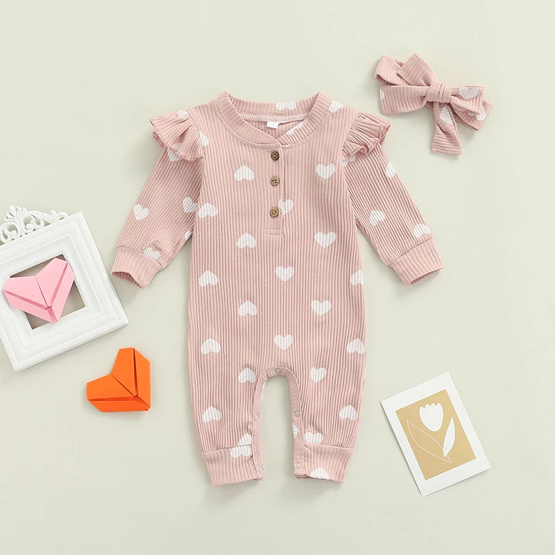 Newborn Baby Girls Valentine's Day Romper Ruffle Ribbed Bodysuit Heart Jumpsuit with Headband Valentine Outfits 0-18M