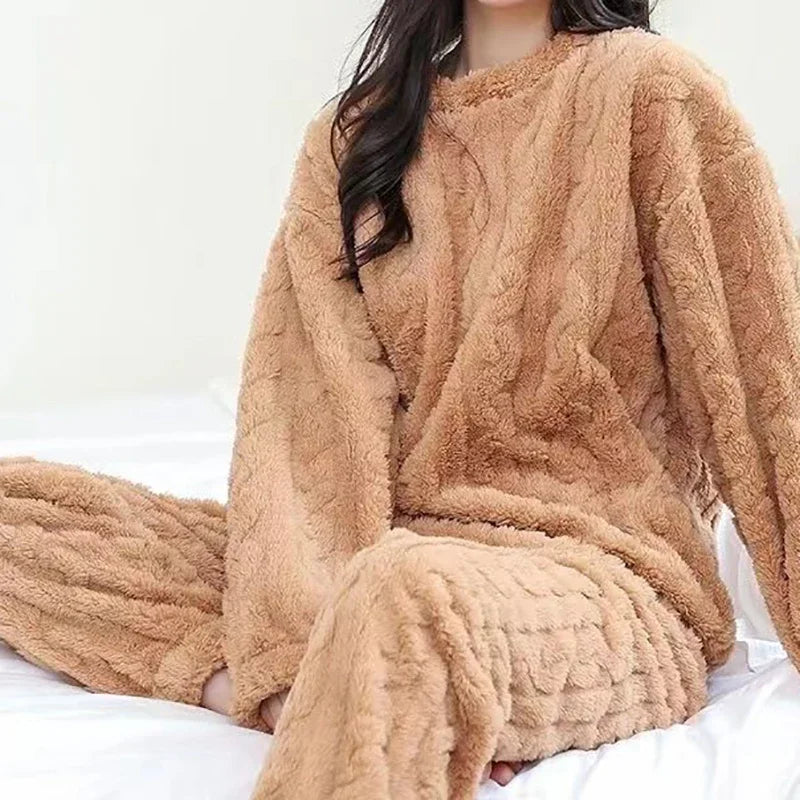 Autumn Women Solid Warm 2 Piece Sets Thicken Velvet Ribbed Fleece Set Pullover And Pants Women Casual Pajama Sets 2023