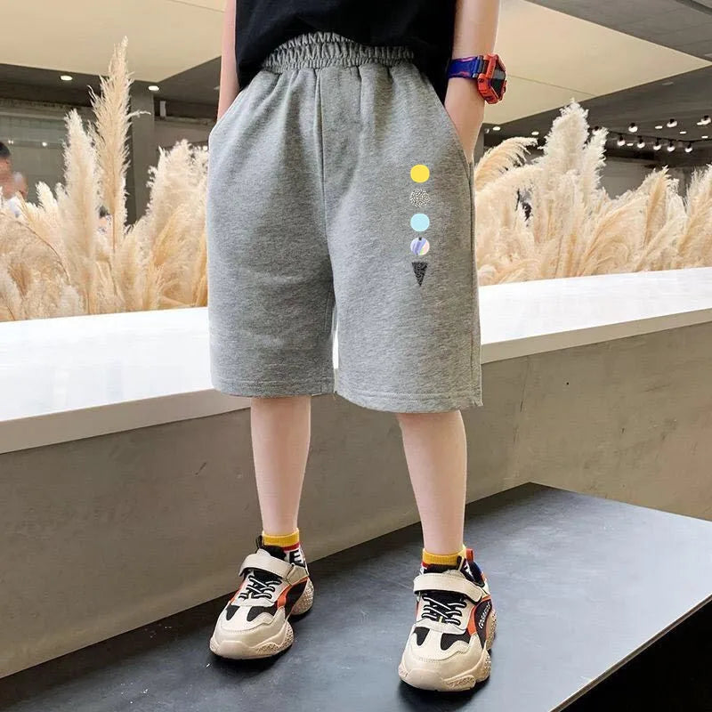 Kids Summer Cartoon Shorts 3-14Years Children Cotton Elastic Waist Knee Length Pants Gray School Student Boys Short Sweatpants