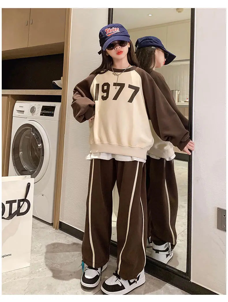 Autumn Girl Clothes tracksiut T-shirt hoodie + coffee teens striped loose pants 2pcs Outfits 8 9 6 10 12 13 14 Years