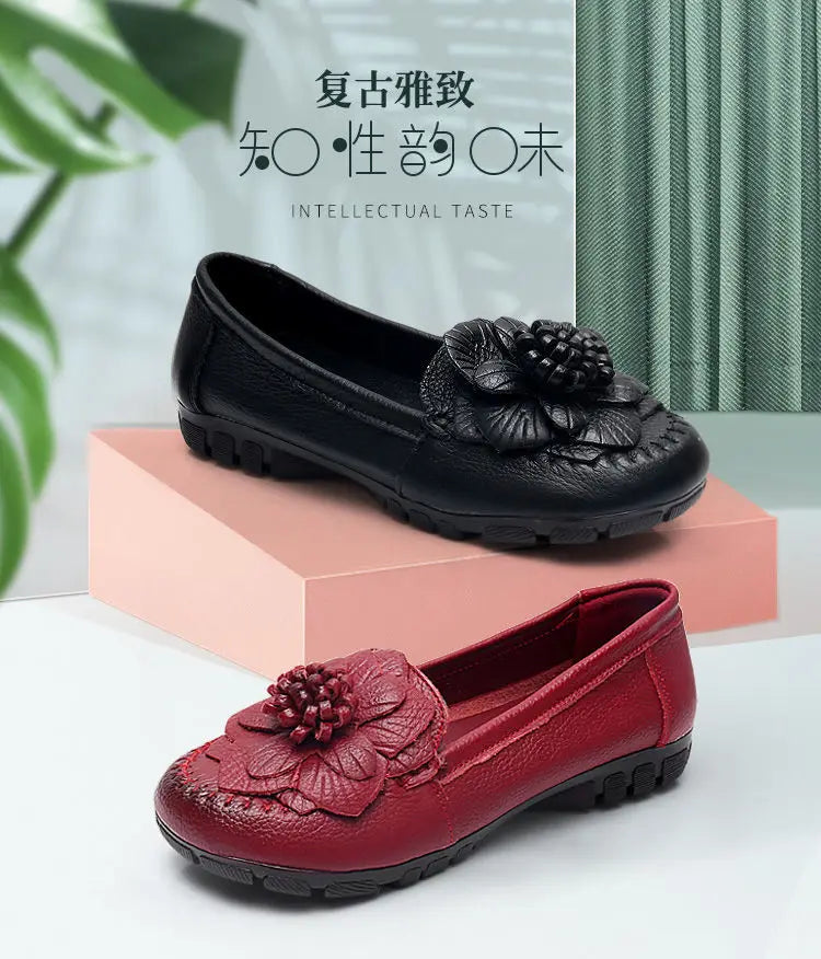 Women Concise Flower Flats Black Shoes Spring Flats Female Genuine Leather Shoes 2020 Superstar Oxfrod Shoes Women Loafer