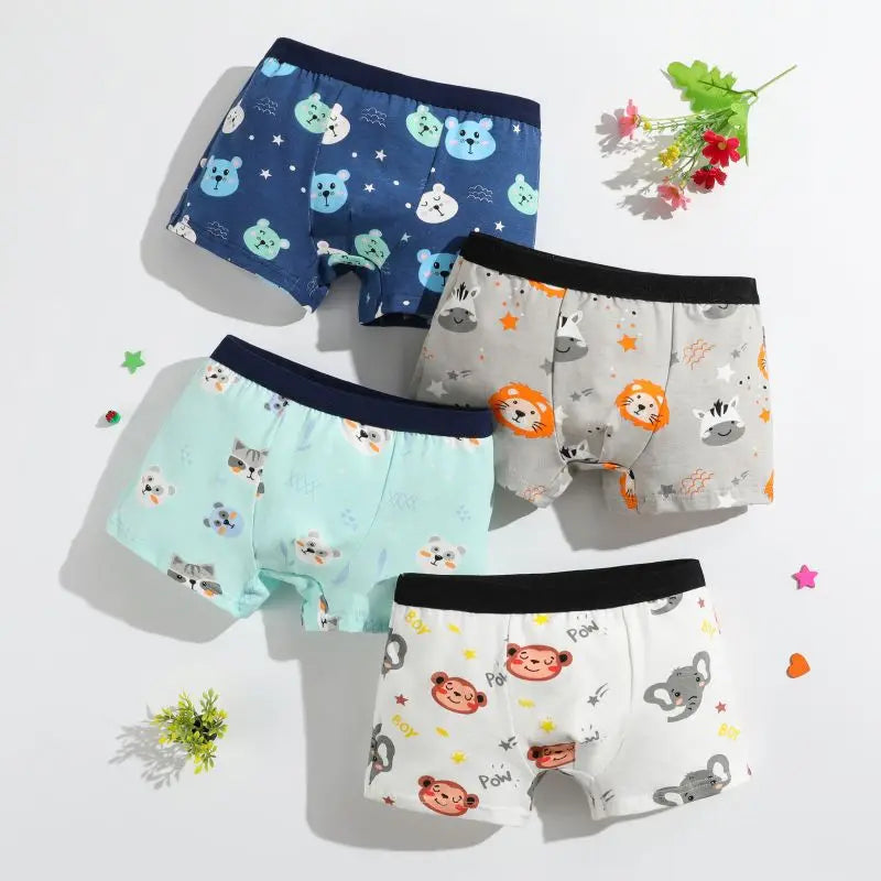 4Pcs/lot Boys Boxer Briefs Kids Cotton Underwear Baby Boy Underpants Teenager Cartoon Print Soft Children Panties 2-12 Years