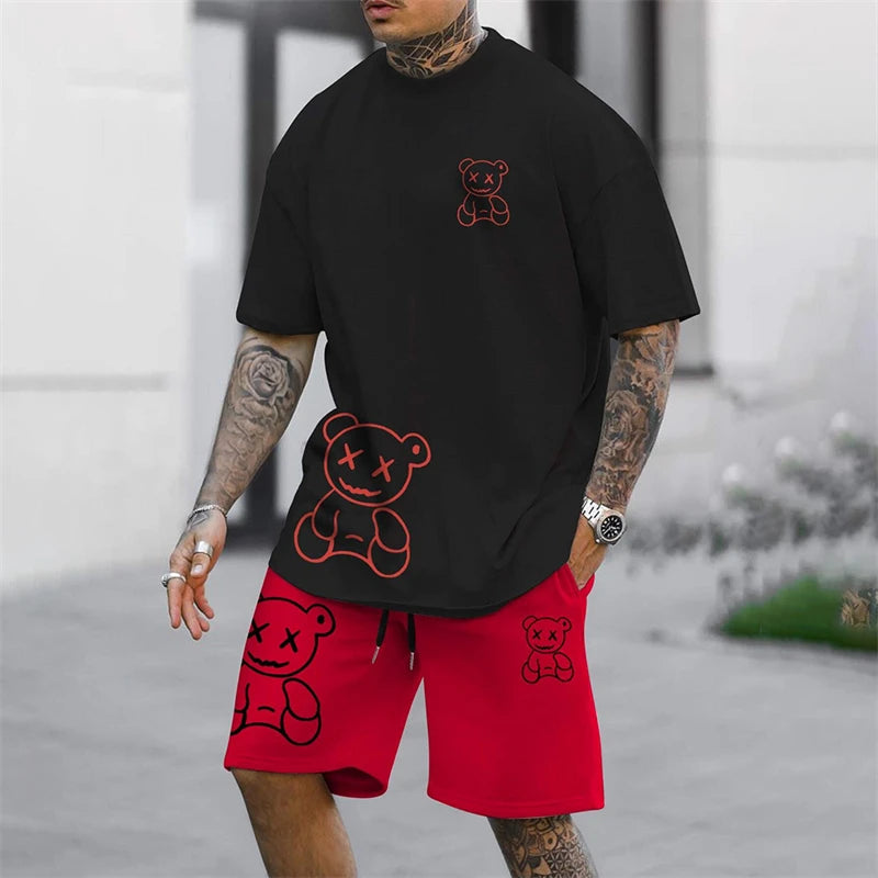 2025 Fun Bear Harajuku T-Shirt Men's Summer Loose Daily Couple Suit Outdoor Street Short Sleeve Shorts Two Piece Men Summer Suit