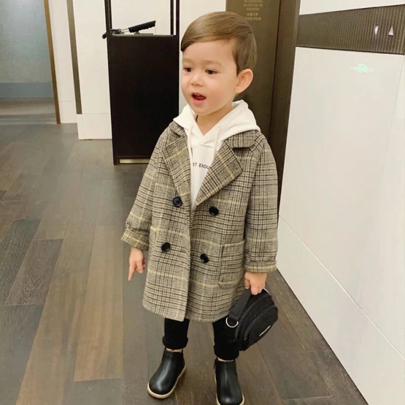 Spring Boys Jackets Child  Girl Woolen Double-breasted Baby Trench Coat Lapel Autumn Kids Outerwear  Winter Wool Overcoat