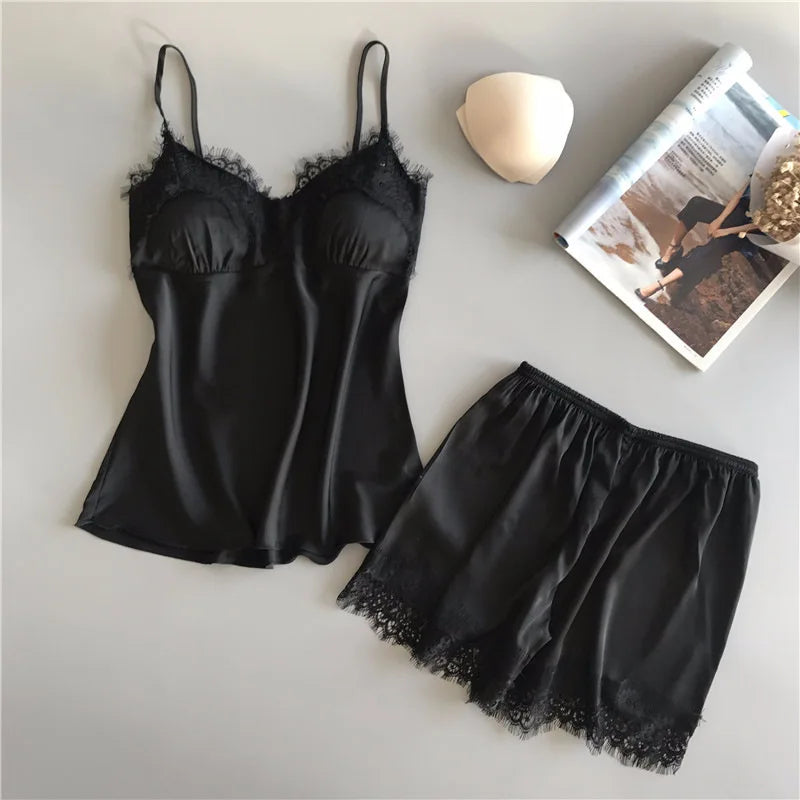 Suspenders pajama Women's Summer Sexy Ice Silk Lace Two Piece Set Home Clothes Thin Shorts V-neck Suspenders