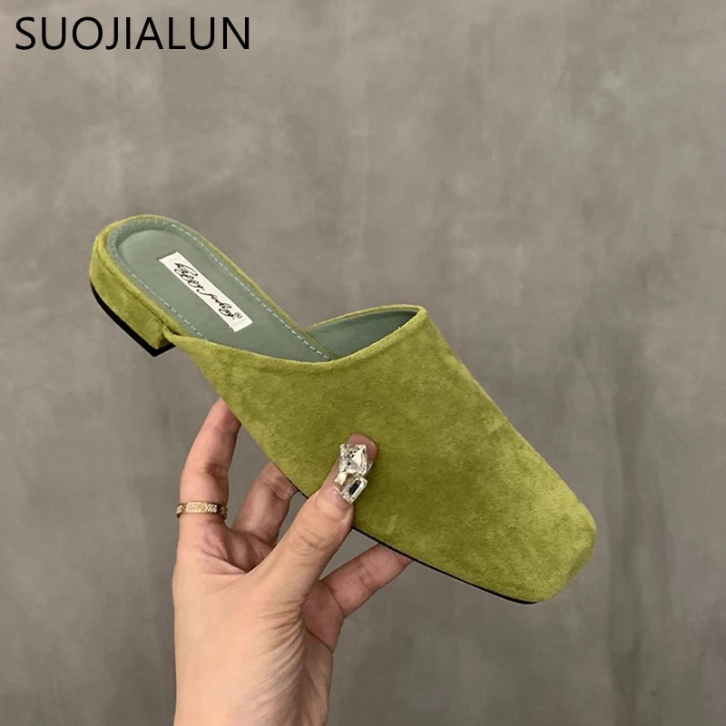 SUOJIALUN 2024 Autumn Women Flat Shoes Fashion Round Toe Slip On Mules Shoes Soft Flat Heel Outdoor Casual Dress Sandal Shoes