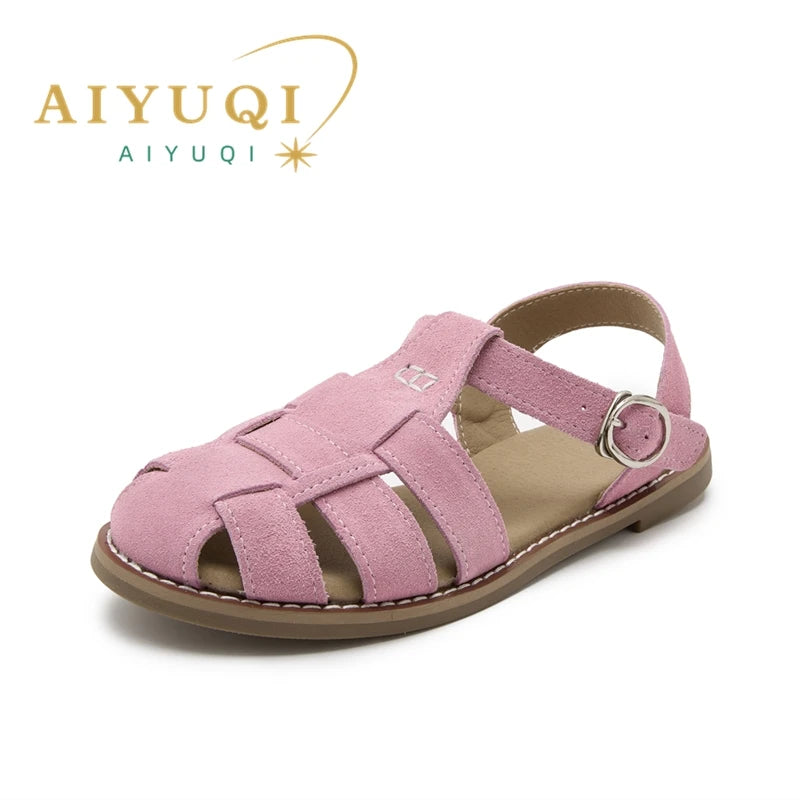 AIYUQI Flat-soled Retro Genuine Leather Hollow Baotou Sandals Women's 2024 New Hollow Pig Cage Women's Sandals