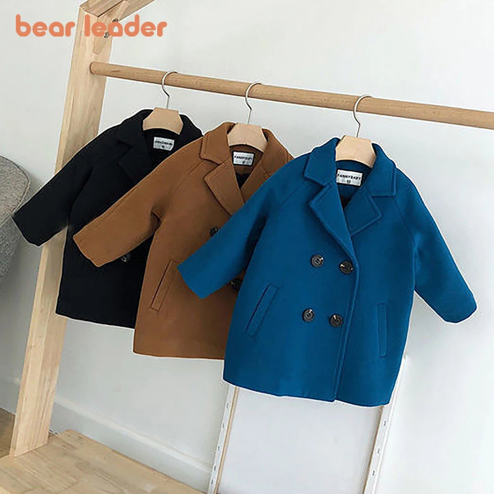 Bear Leader Baby Boys Woolen Jacket Long Double Breasted Warm Infant Toddler Lapel Tweed Coat 2023 Autumn Winter Outerwear Coats