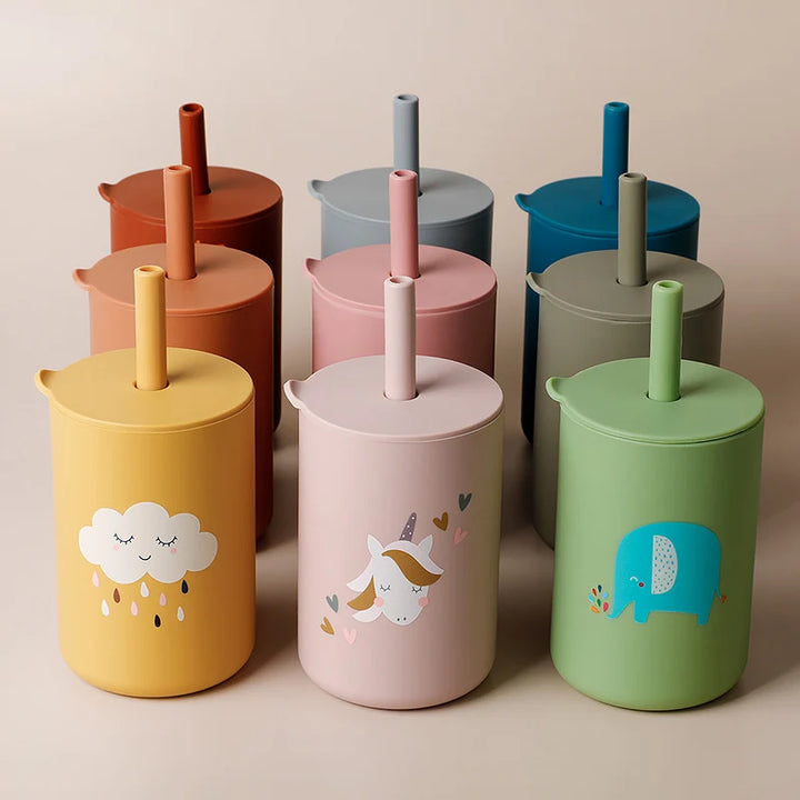 Baby Feeding Drinkware Straw Cup Baby Cartoon Learning Feeding Cup Food Grade Silicone Toddler Water Bottle Tableware BPA Free