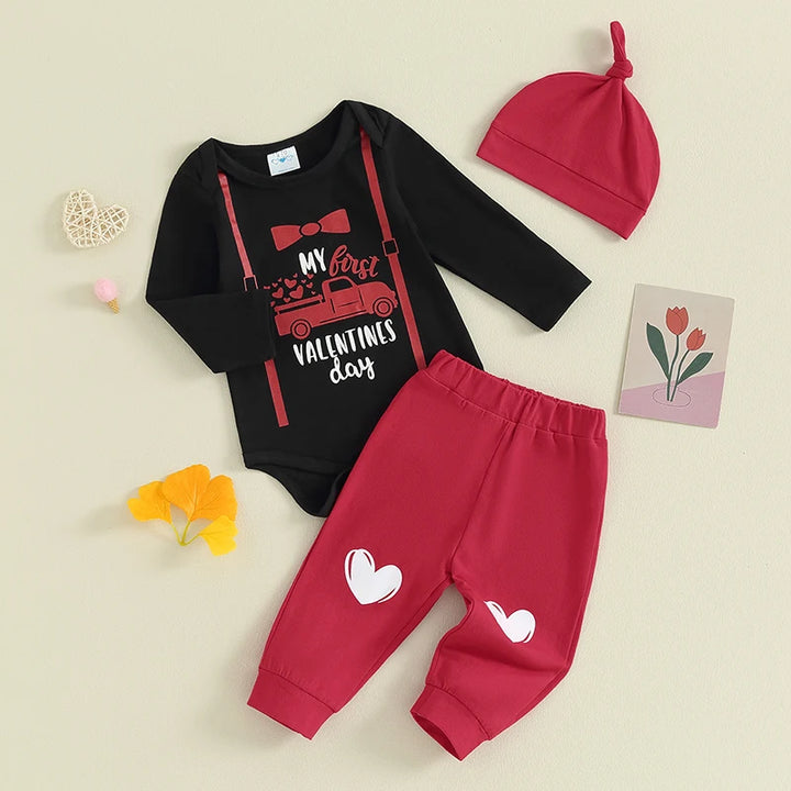 Baby Boys My First Valentines Day Outfits Long Sleeve Truck Print Romper Pants Hat Set Infant Baby Boys Clothes Set