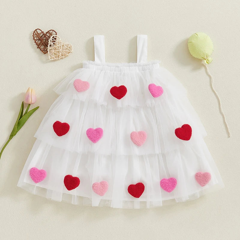 Kids Baby Girls Mesh Tulle Dress Cute Valentines Day Outfit Sleeveless Layered Bow Heart Sundress Toddler Party A-Line Dress