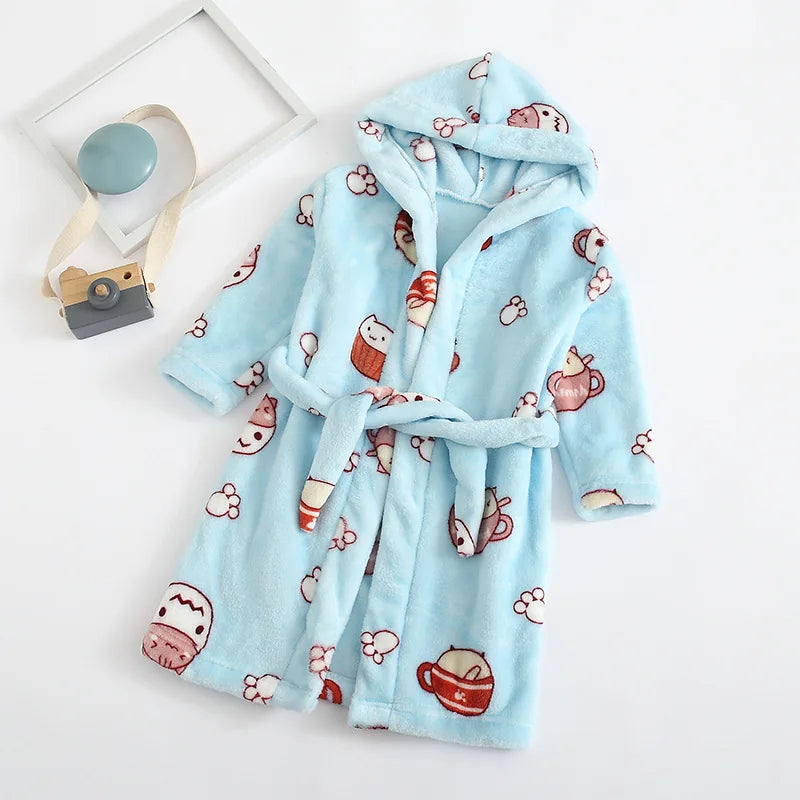 New Autumn Winter Kids Hooded Soft Flannel Bathrobe Baby Bath Robes Boys Girls Cute Cartoon Bear Pajamas Long Sleeve Towel Robe