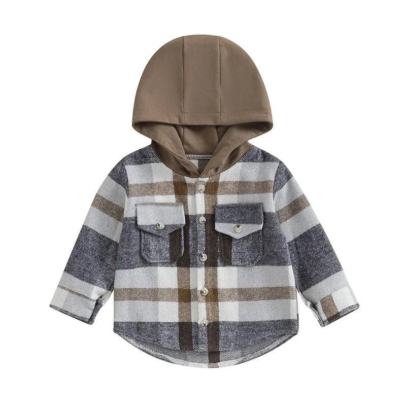 Lioraitiin Toddler Girl Boy Flannel Plaid Jacket Baby Long Sleeve Button Down Hooded Shirt Buffalo Shacket  Fall Winter Clothes