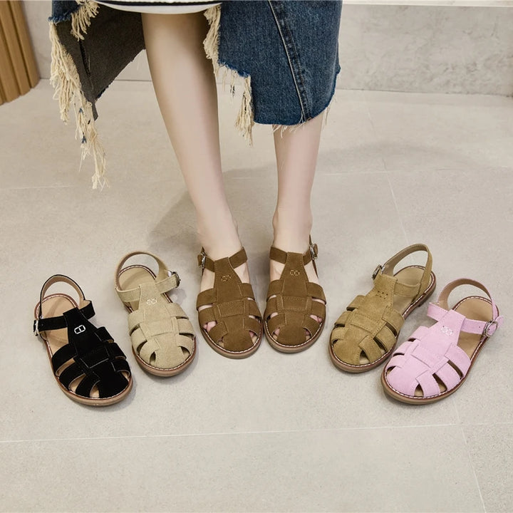 AIYUQI Flat-soled Retro Genuine Leather Hollow Baotou Sandals Women's 2024 New Hollow Pig Cage Women's Sandals