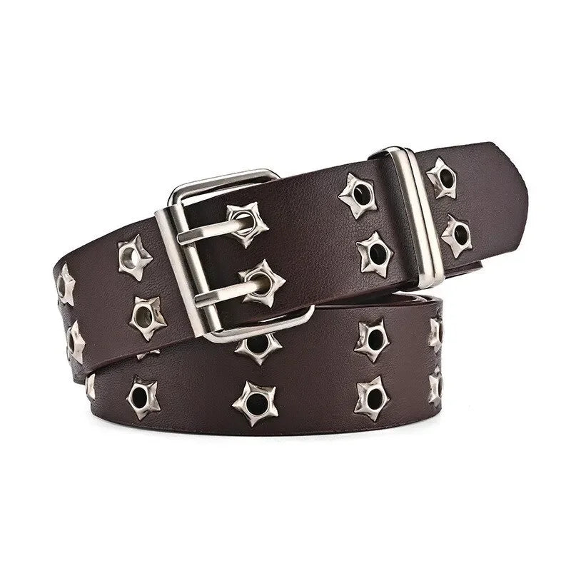 New Star Eye Rivet Belt Goth Style Double Pin Buckle Man/woman Fashion Casual Punk Style Pu Leather Waistband for Jeans Y2K Belt