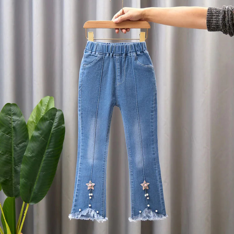 2024 New Autumn Elastic Kids Jeans Girls Cute Leisure Bow Denim Blue Children Flared Pants teenage Girl Clothes Trousers 3-12Y