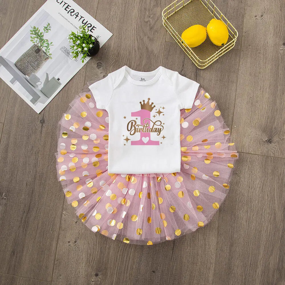 My 1st Birthday Baby Girl Birthday Dress + Bodysuit Set Pink Tutu Cake Dresses + Romper Outfits Girls Summer Clothes Jumpsuit