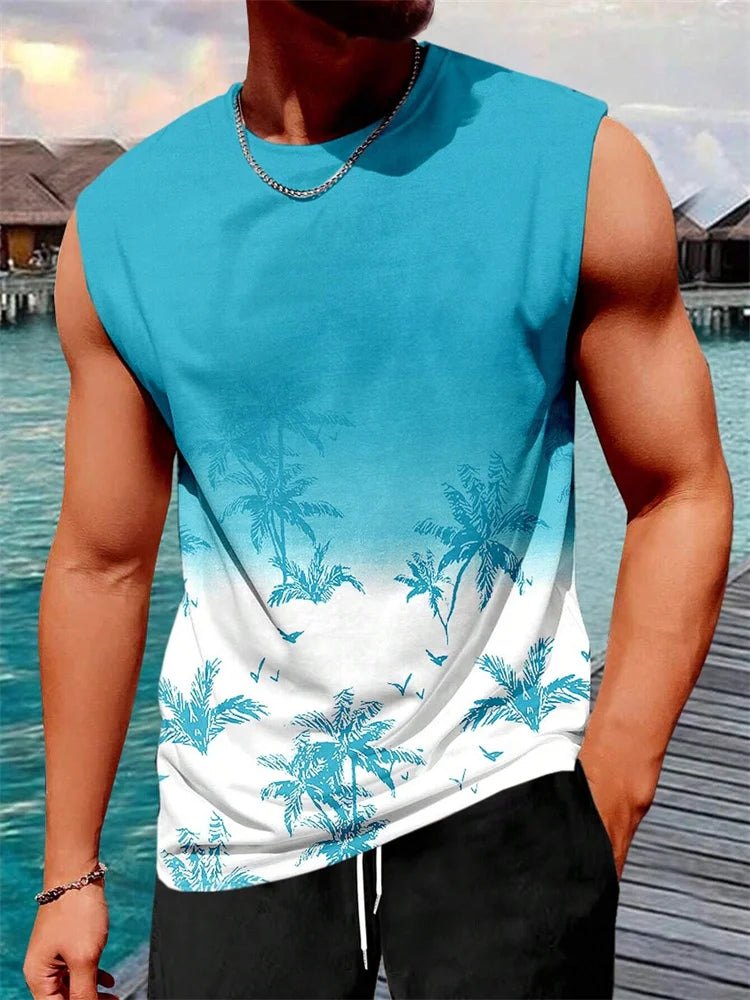 Stylish Men's Vacation Hawaiian Vest Gradient Coconut Print Casual Yacht Party Vest Plus Size Mens Resort Breathable T-Shirt Top