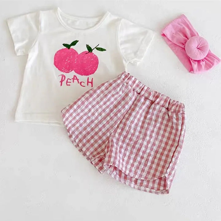 Fashion 2pcs Baby Girl's Short Sleeve Suit Fruit Print Sets Kids T-shirts +shorts Plaid Clothing Toddler Princess Girl Outfits