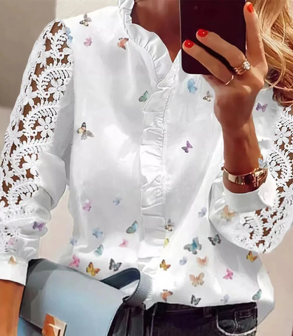 Elegant and Young Women's Long Sleeve Blouse, Butterfly Print, White Lace Blouses, Women's Fashion Clothes, 2024