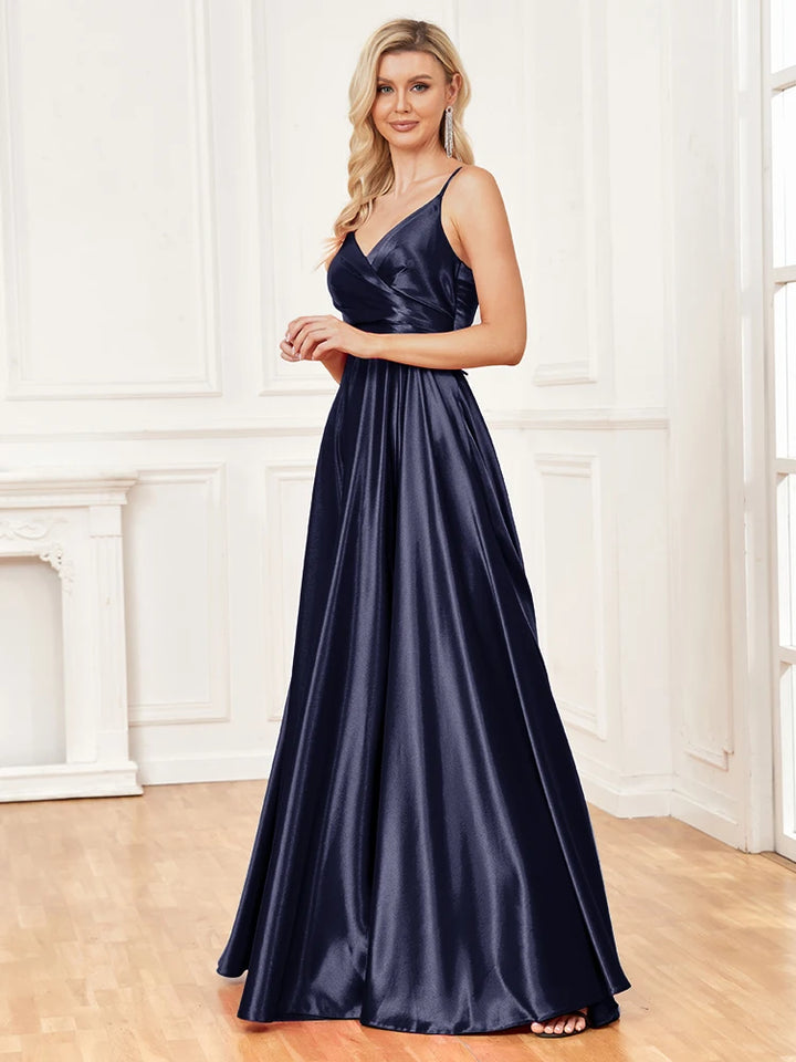 XUIBOL Luxury V-Neck Satin Suspenders Evening Dress Long 2024 Elegant Blue Bridesmaid Party Prom Sexy Backless Cocktail Dress