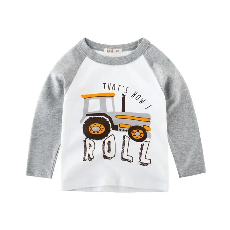 2025 Autumn T Shirt Cartoon Car T-shirt Boys Girls Baby Kids Clothes Cotton Long Sleeve Top for Boy Children's Clothing 2-9 Year