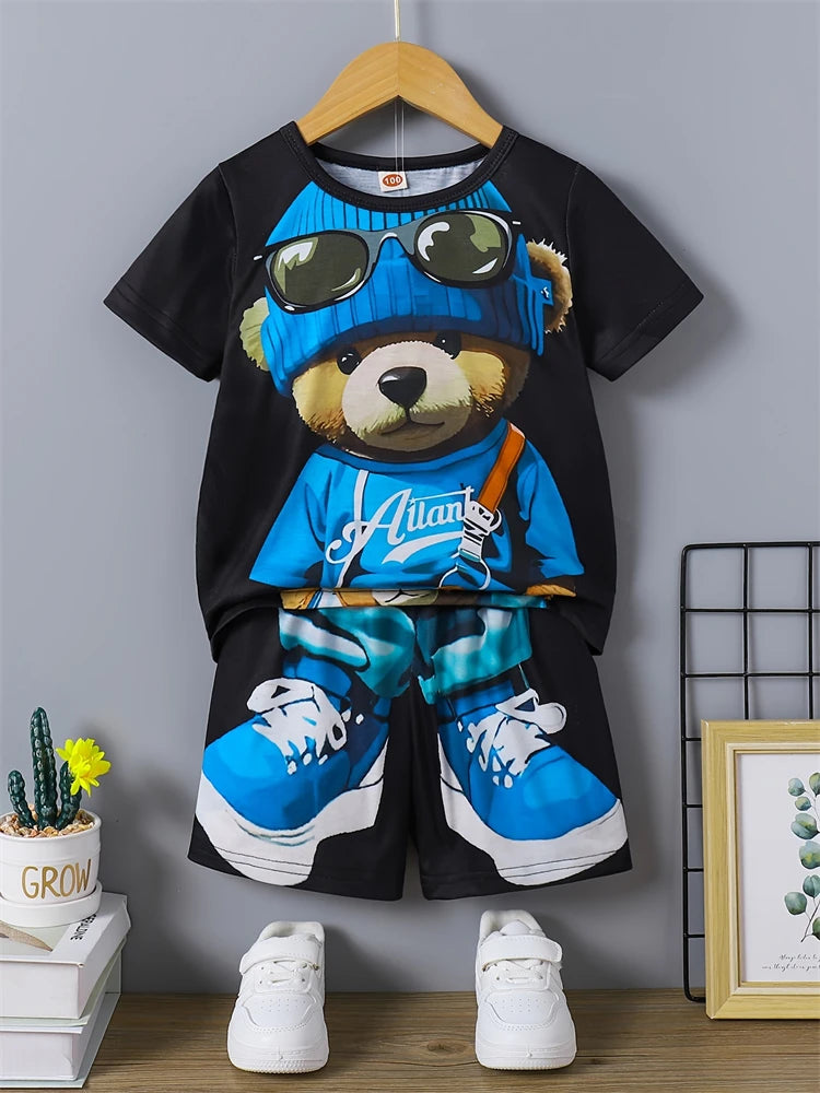 Summer Daily Casual Men's Short-sleeved Outdoor Sports Men's Beach Pants Fashion Bear Print Men's T-shirt And Shorts 2pcs Set