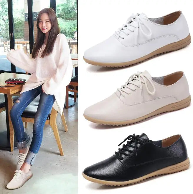 2024 New Spring Women Oxford Shoes Ballerina Flats Shoes Women Genuine Leather Shoes Moccasins Lace Up Loafers White Shoes 36-41