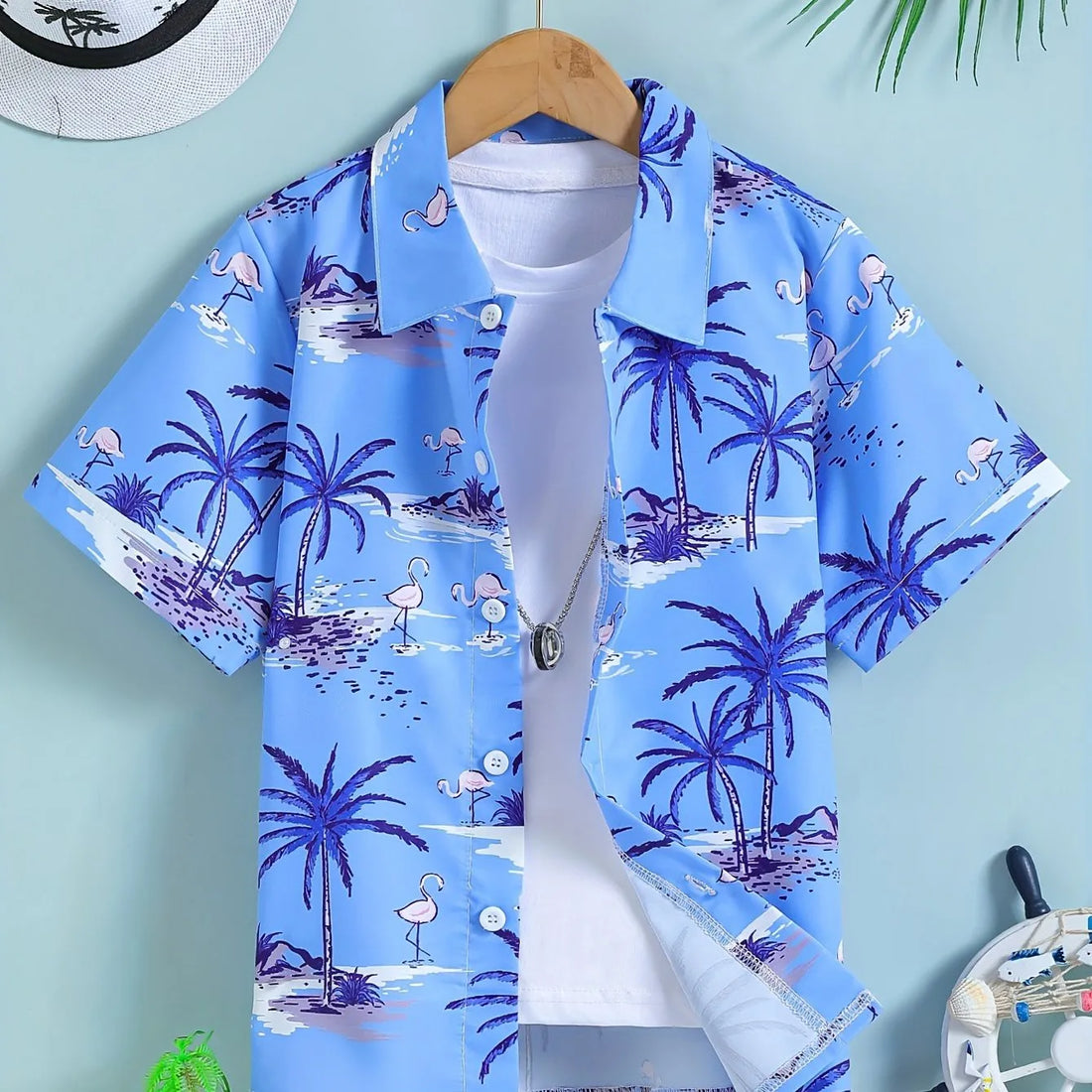 Casual Shirt Boy Beach Tropical Leaves and Coconut Tree Print Shirt Top Boys Creative Short Sleeve Shirt Lapel Tops Boys Clothes