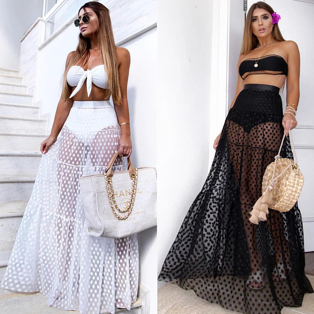 Women Summer Bikini Cover Ups Polka Dot Mesh Sheer High Waist Long Skirt See Through Beach Tulle Wrap Skirt Swimwear Swimsuit