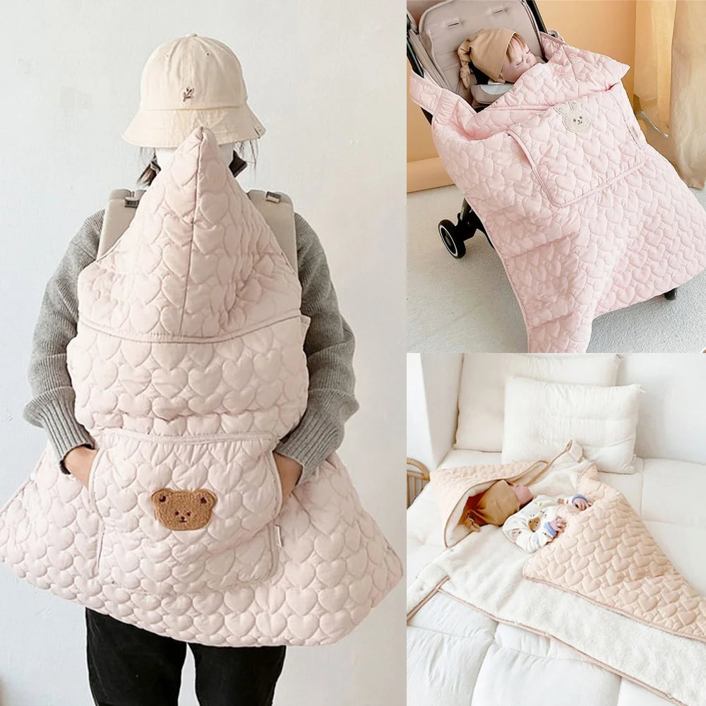 Windproof Baby Stroller Blanket Thick Fleece Sling Cover Bear Bunny Winter Newborn Swaddle Wrap Hooded Infant Sleeping Quilt