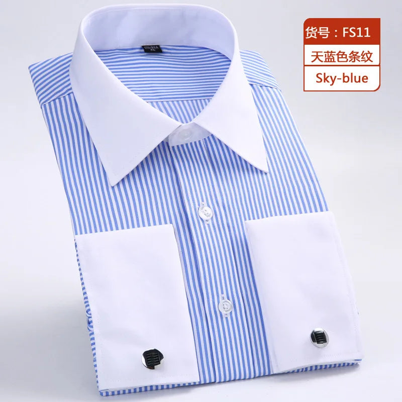 Men's Classic French Cuffs Social Dress Shirt Formal Business Standard-fit Long Sleeve Wedding Party Office Work White Shirts