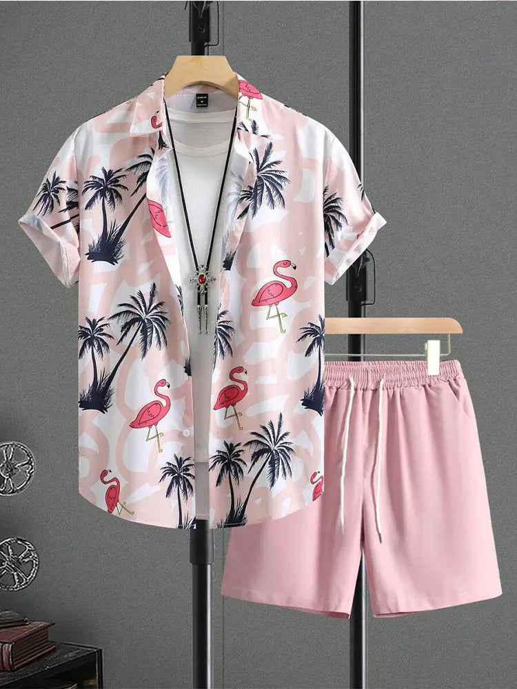 New Palm Leaf Print Men's Casual Shirt Hawaiian Men's Beach Shorts Summer Everyday Short-sleeved Shirt And Sports Shorts Set