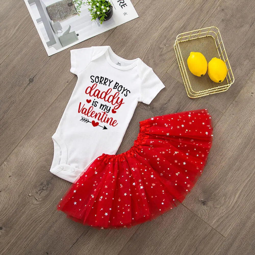 Mommy and Daddy Little Valentine's Day Printed Baby Bodysuit Dress Set Infant Valentine Party Girls  Holiday Romper Tutu Skirt