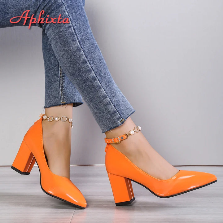 Aphixta 2024New Luxury Rhinestone Pearl Chain 7cm Chunky Heels Pumps Women Shoes String Bead Pointed Toe Bling Crystals Pumps