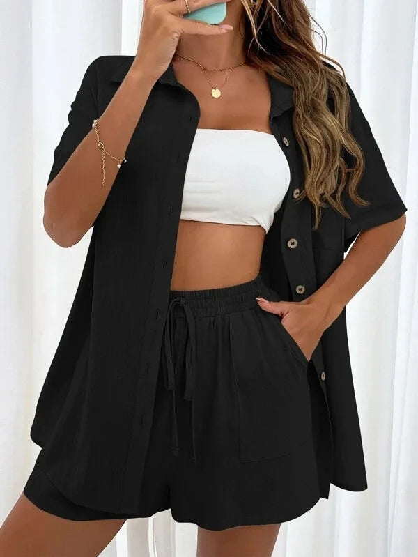 Long Sleeve Single breasted Top Broad legged Shorts Set Fashion Ladies Sexy Solid Suits 2023 Summer 2 Piece Outfits For Women