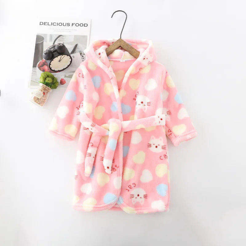 New Autumn Winter Kids Hooded Flannel Bathrobe Baby Bath Robes Boys Girls Cute Cartoon Soft Warm Pajamas Long Sleeve Towel Robe