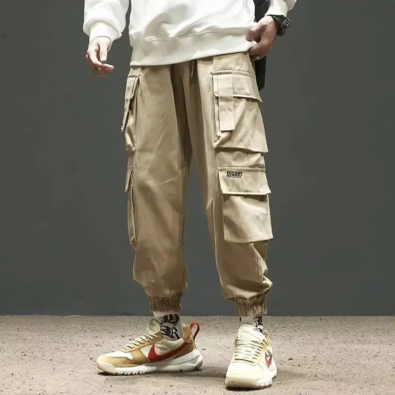 Men's Cargo Pants Casual Hip Hop Hit Color Multiple Pockets Trousers Streetwear Ribbons Techwear Sweatpants